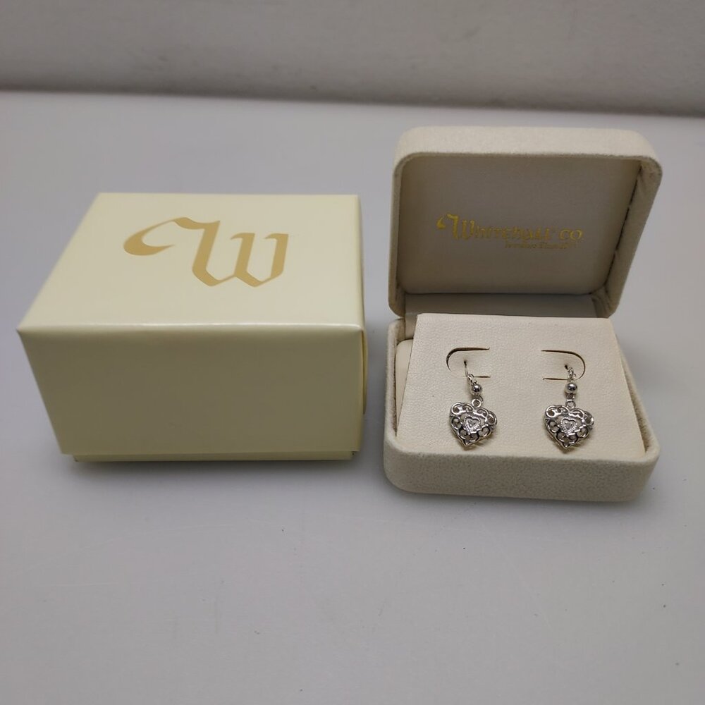 10K WHITE GOLD HEART DANGLE EARRINGS VTG WHITEHALL JEWELERS NOS WITH GIFT BOX